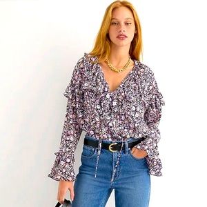 JCrew / Top Ruffle Crinkle Chiffon Floral Flourish Black Pink VNeck Blouse / XXS